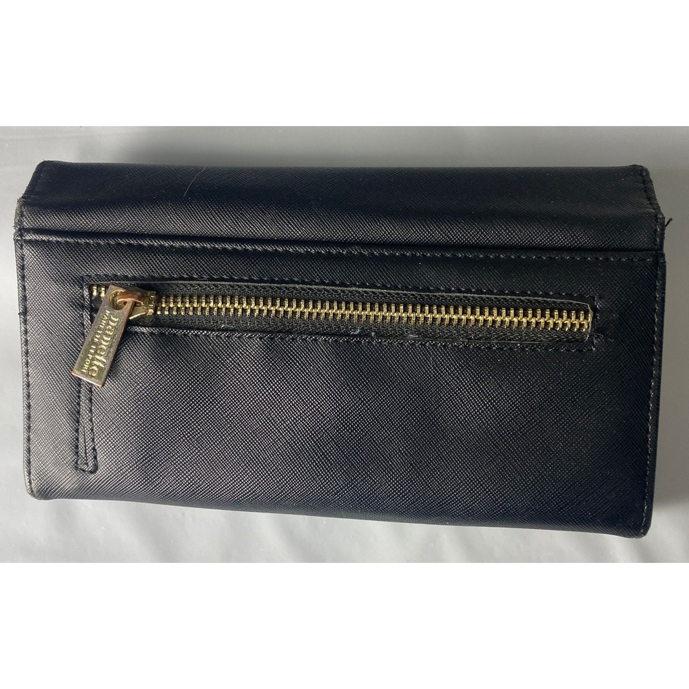 Nanette Lepore Black Textured Wallet Clutch Gold Logo Snap Closure